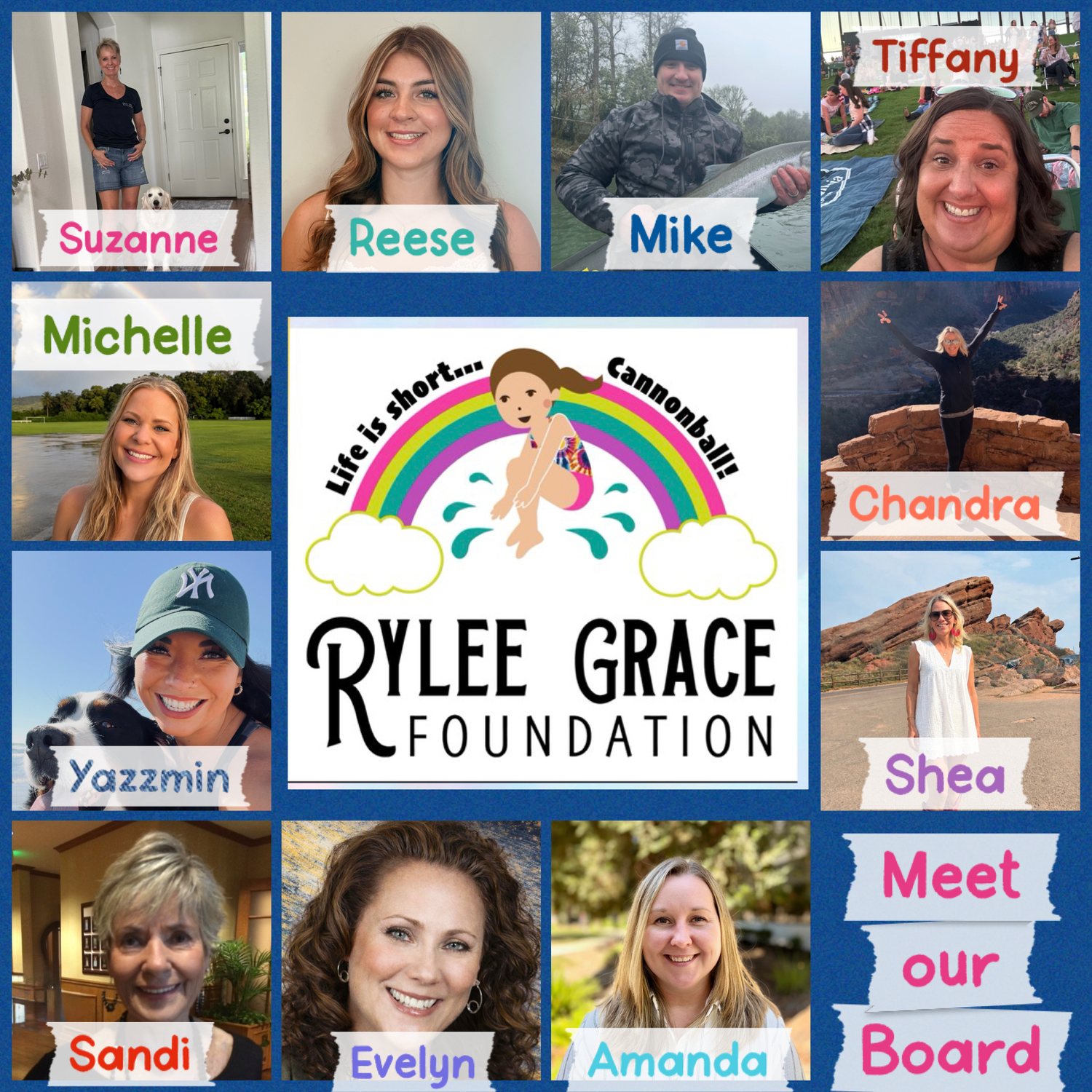 A photo collage of the Rylee Grace Foundation board, each face labeled with a first name around the foundation logo
