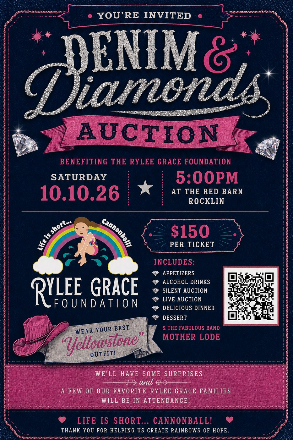 Denim and Diamonds Auction invitation, Saturday October 10 2026 at 5PM, The Red Barn in Rocklin California, $150 per ticket, with a QR code to buy tickets